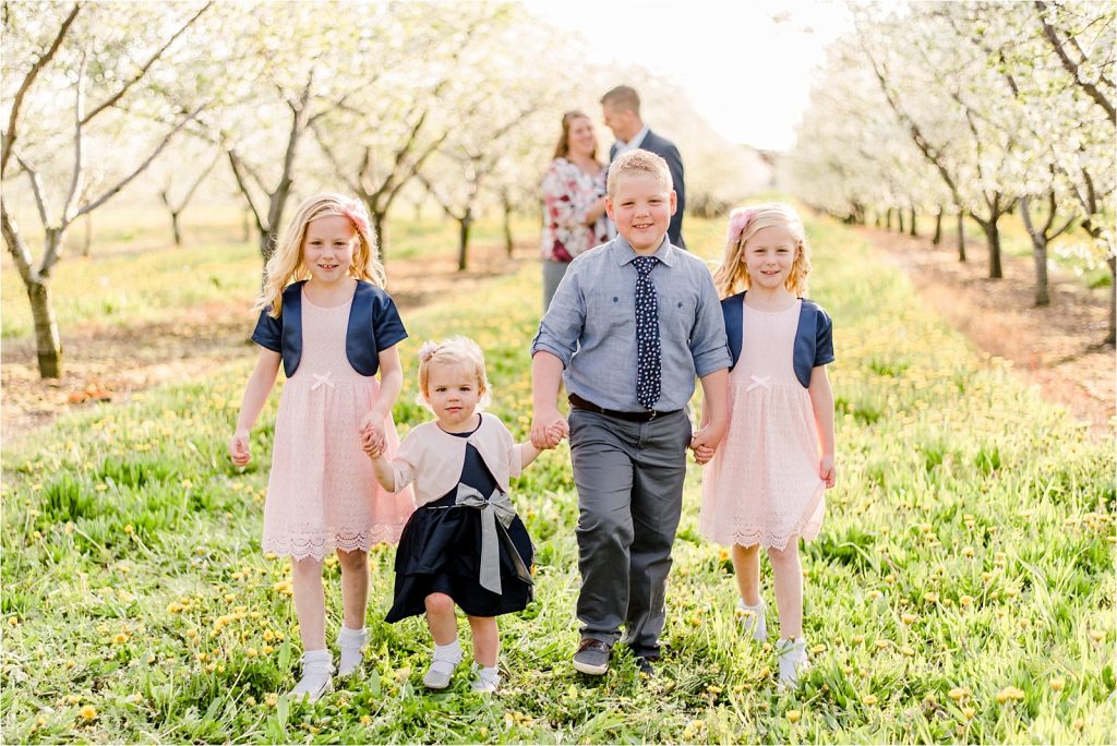 Cherry farm family kids walking