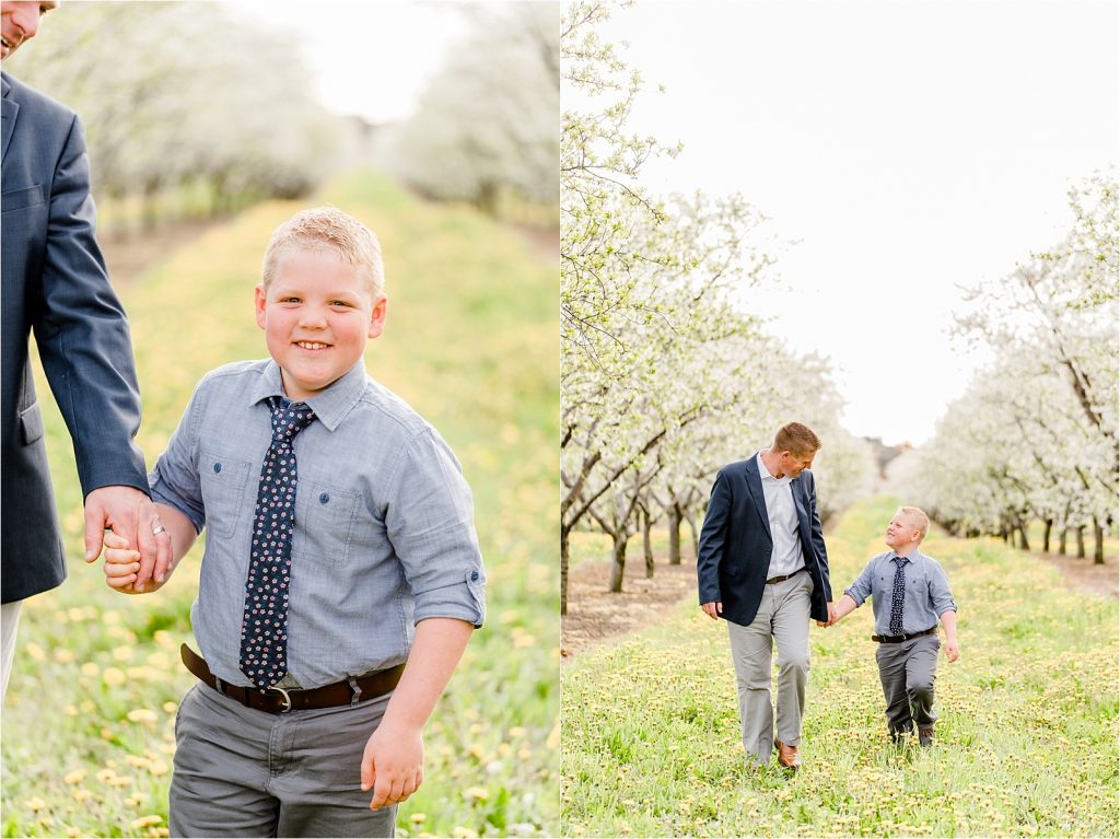 Cherry farm father son walking laughing