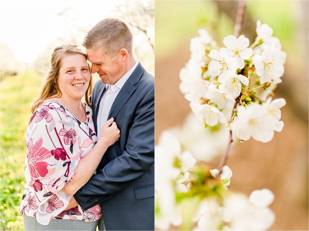 Cherry orchard couple hugging blossom