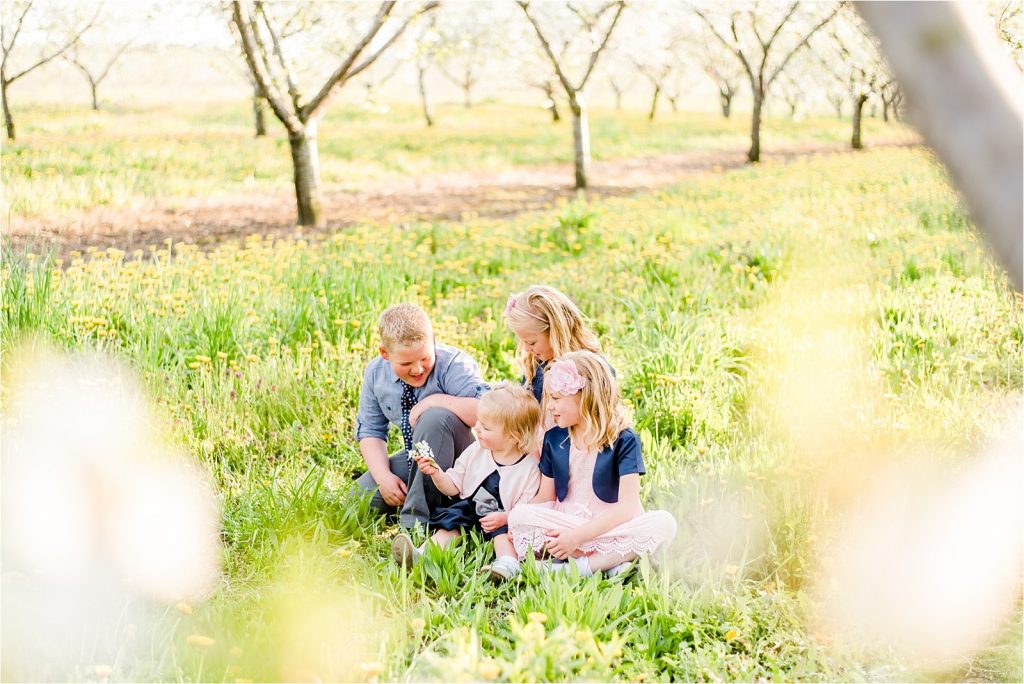 Cherry orchard kids sitting in grass