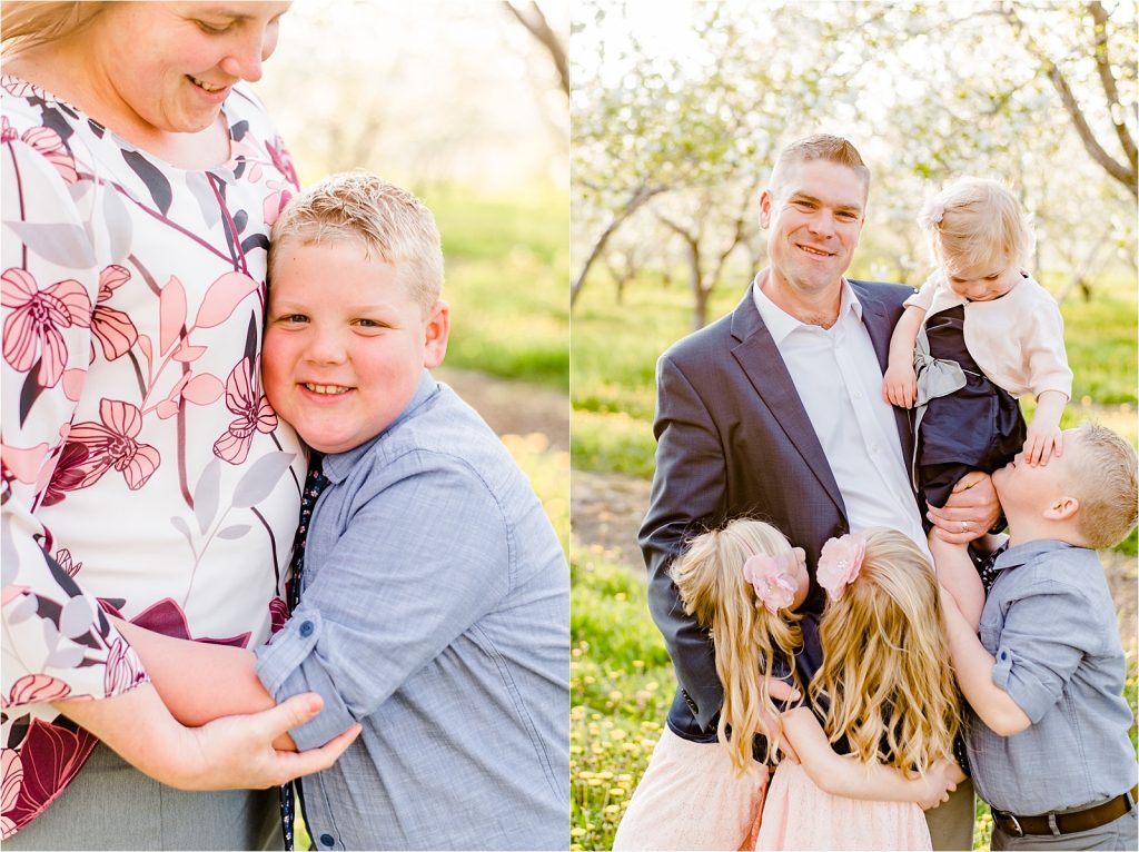 Cherry orchard mom and dad being hugged by kids