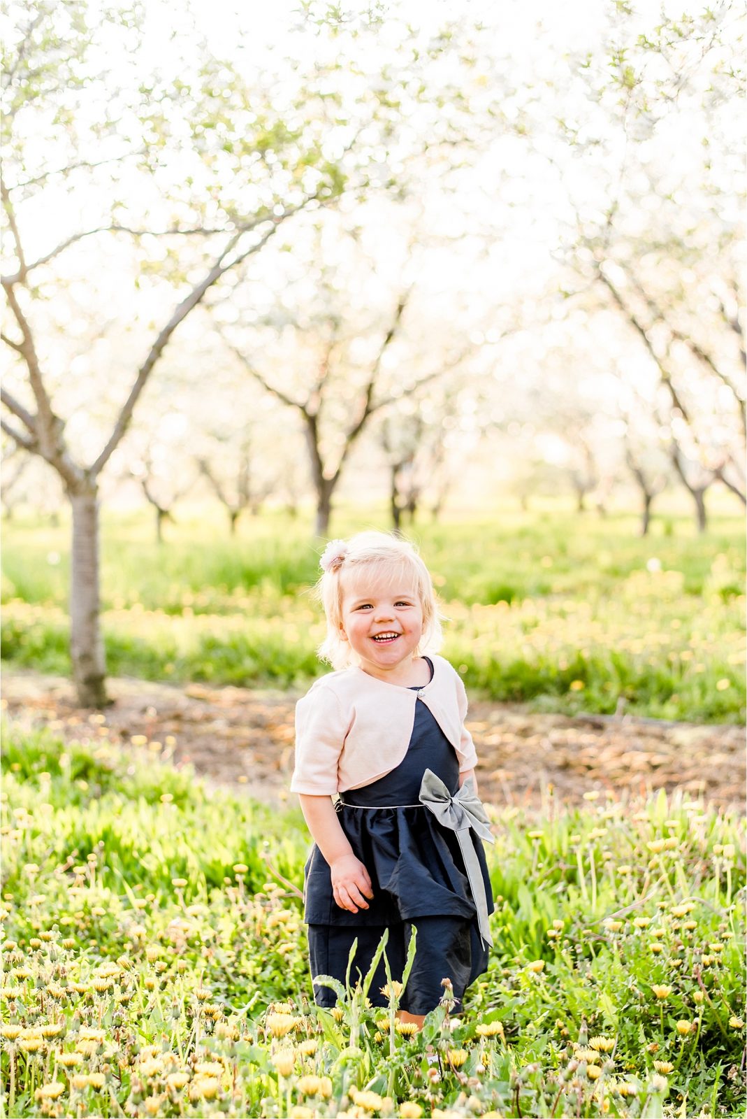 Cherry orchard little girl walking