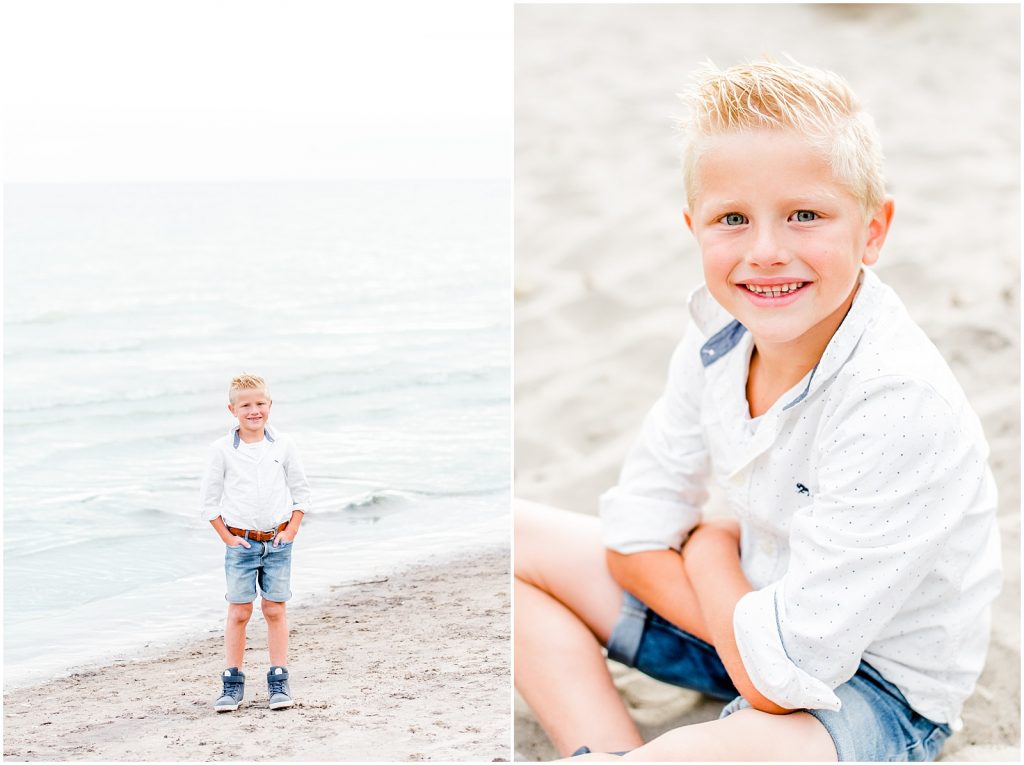 lake erie long point beach family session boy sitting by water