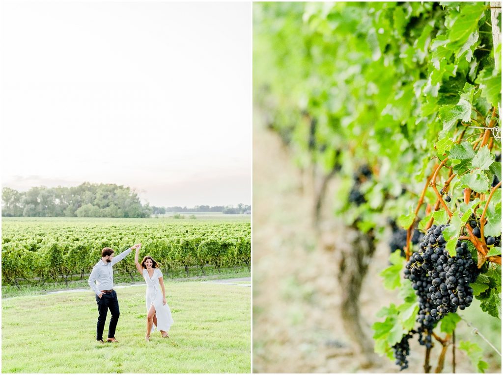 henry of pelham vineyard winery engagement session couple dancing