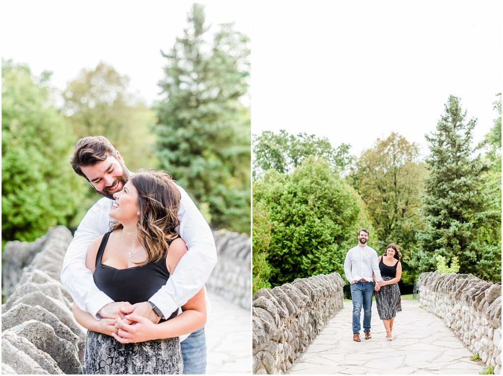 Spencer Gorge Engagement Session couple snuggling and walking on bridge