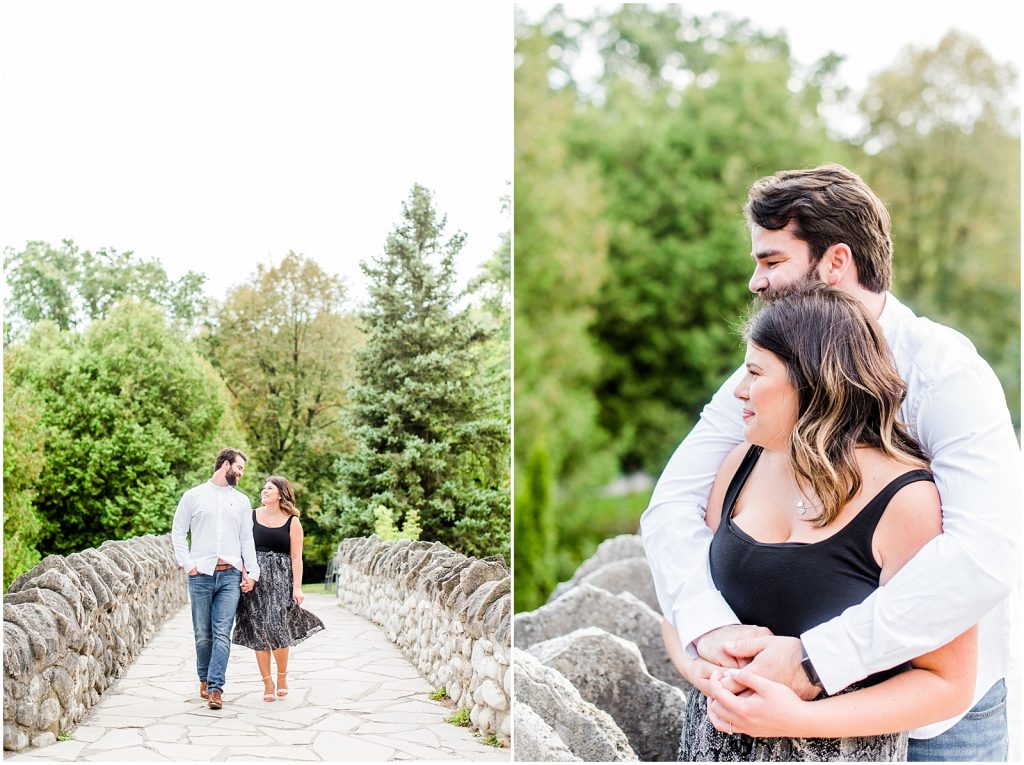 Spencer Gorge Engagement Session couple snuggling and walking on bridge