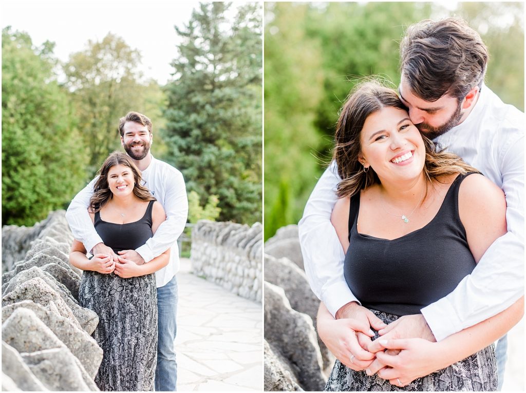 Spencer Gorge Engagement Session couple snuggling on bridge