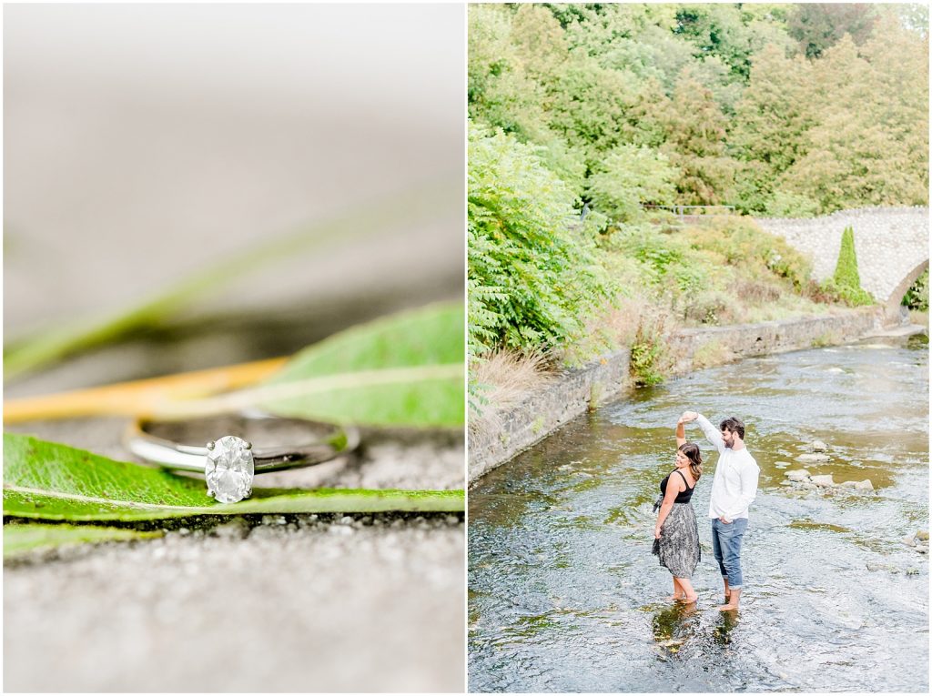 Spencer Gorge Engagement Session couple dancing in the Grand River and oval engagement ring