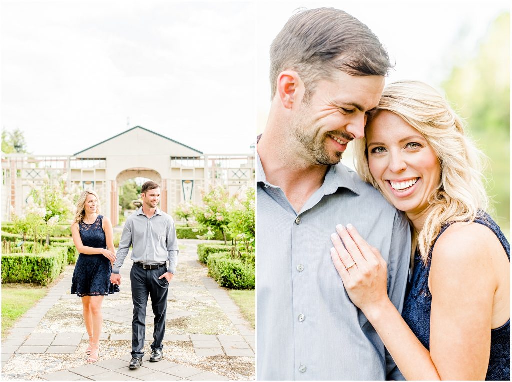 whistling gardens engagement session fiance couple snuggling and walking