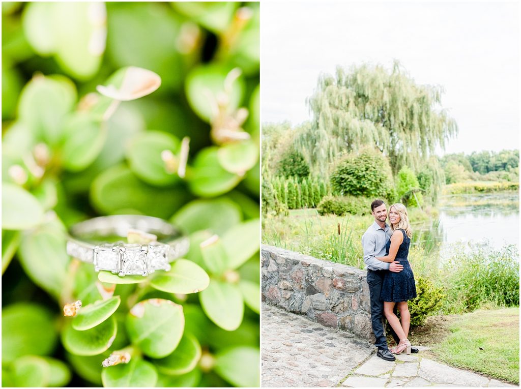 whistling gardens engagement session fiance couple snuggling ring detail