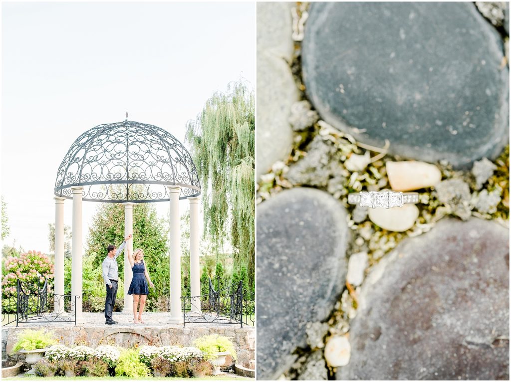 whistling gardens engagement session fiance couple twirling dancing ring detail