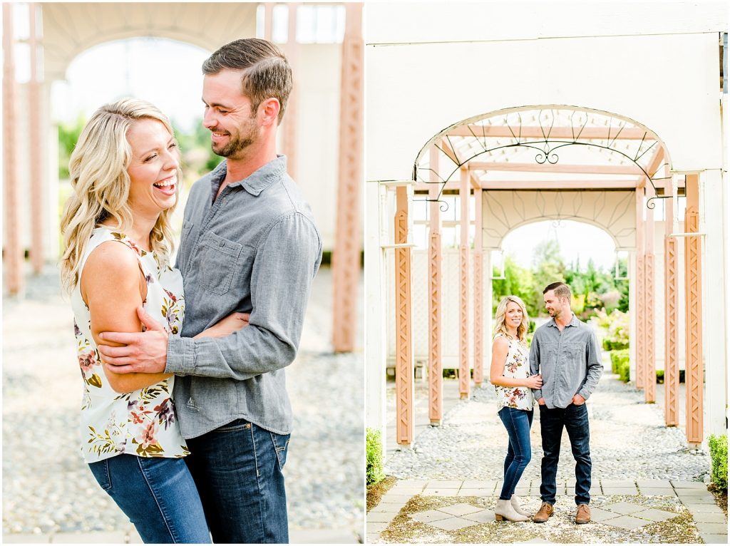 whistling gardens engagement session fiance couple laughing