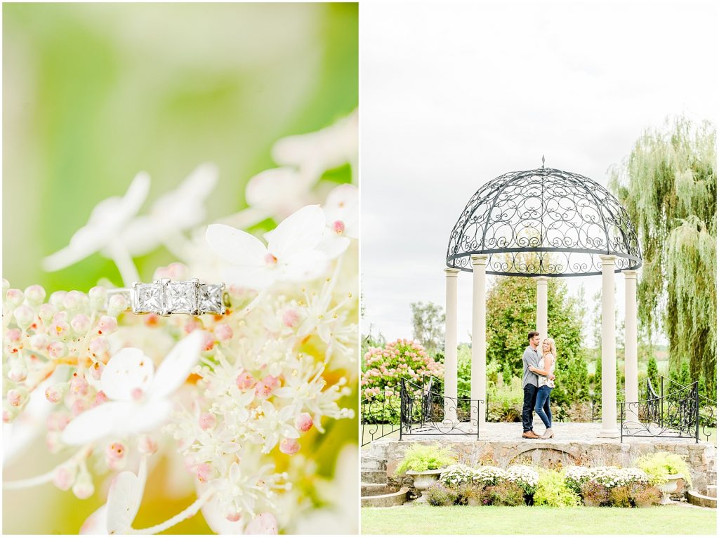 whistling gardens engagement session fiance couple snuggling kissing ring detail