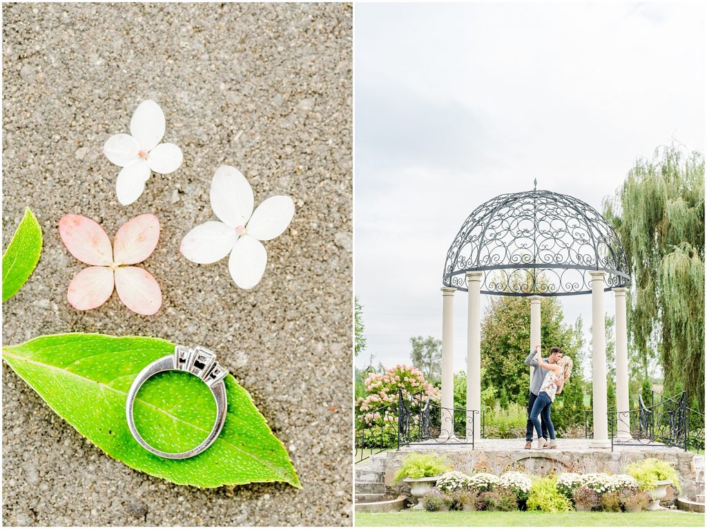 whistling gardens engagement session fiance couple dip kissing ring detail