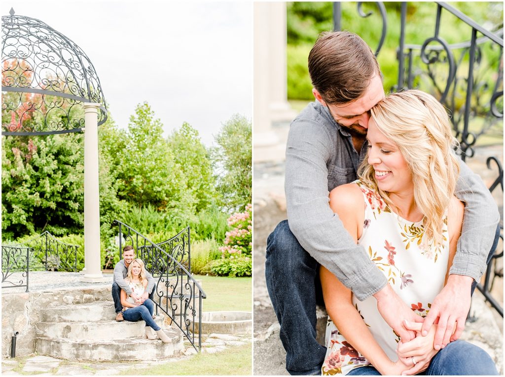 whistling gardens engagement session fiance couple sitting