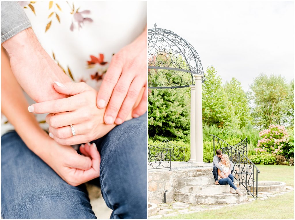 whistling gardens engagement session fiance couple sitting