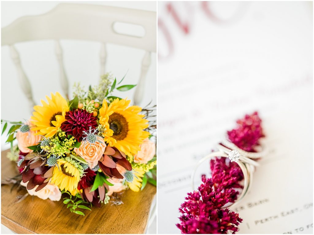 St. Mary's Countryside Wedding bouquet on chair and rings on invitation