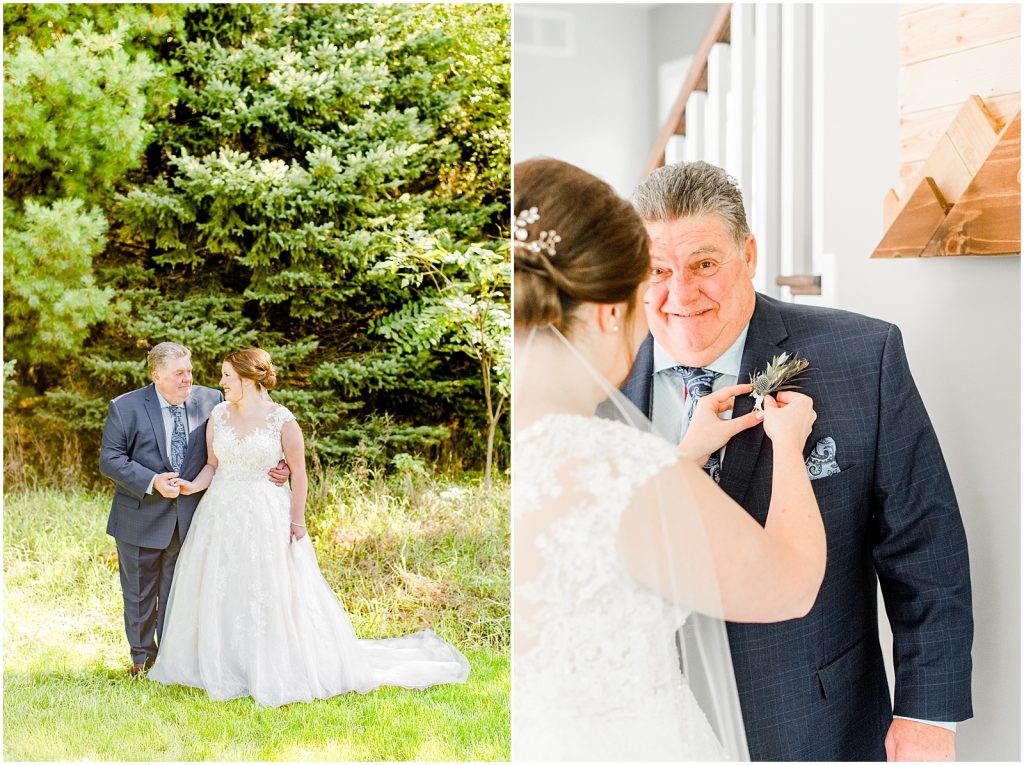 St. Mary's Countryside Wedding father of the bride with daughter putting on corsage