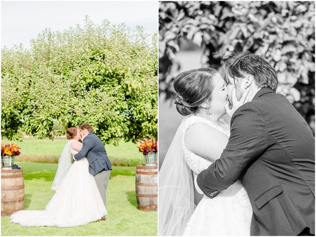 St. Mary's Countryside Wedding bride and groom share first kiss at ceremony