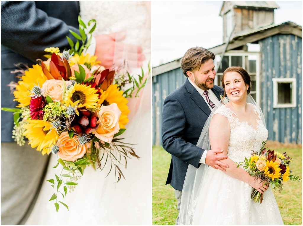 St. Mary's Countryside Wedding bride and groom hugging holding bouquet