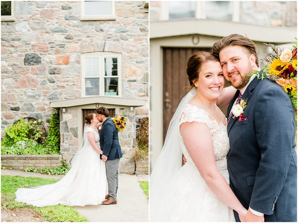 St. Mary's Countryside Wedding bride and groom in front of stone house