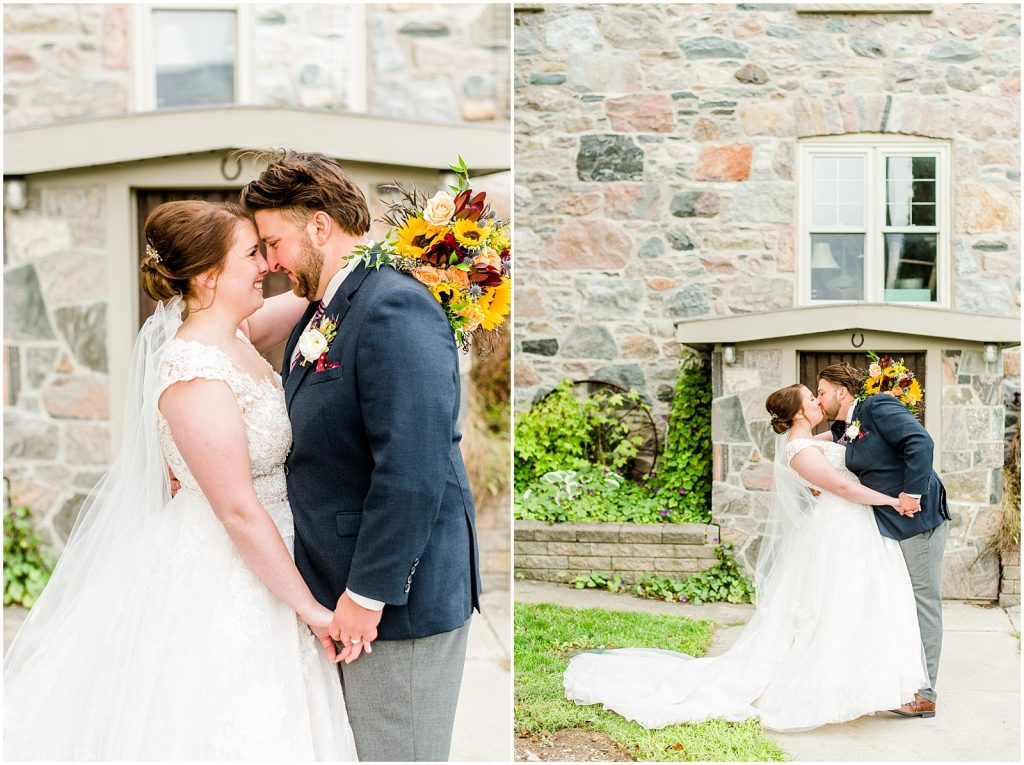 St. Mary's Countryside Wedding bride and groom in front of stone house