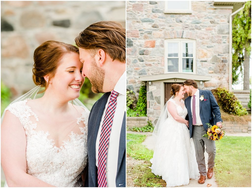 St. Mary's Countryside Wedding bride and groom in front of stone house