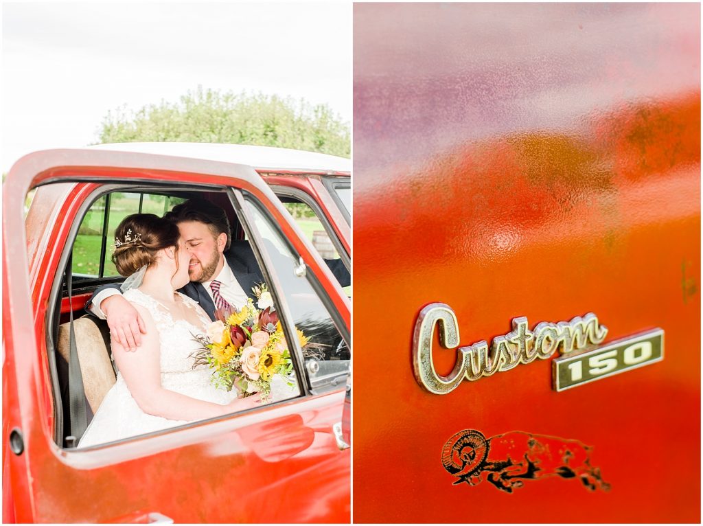 St. Mary's Countryside Wedding bride and groom in old pickup truck