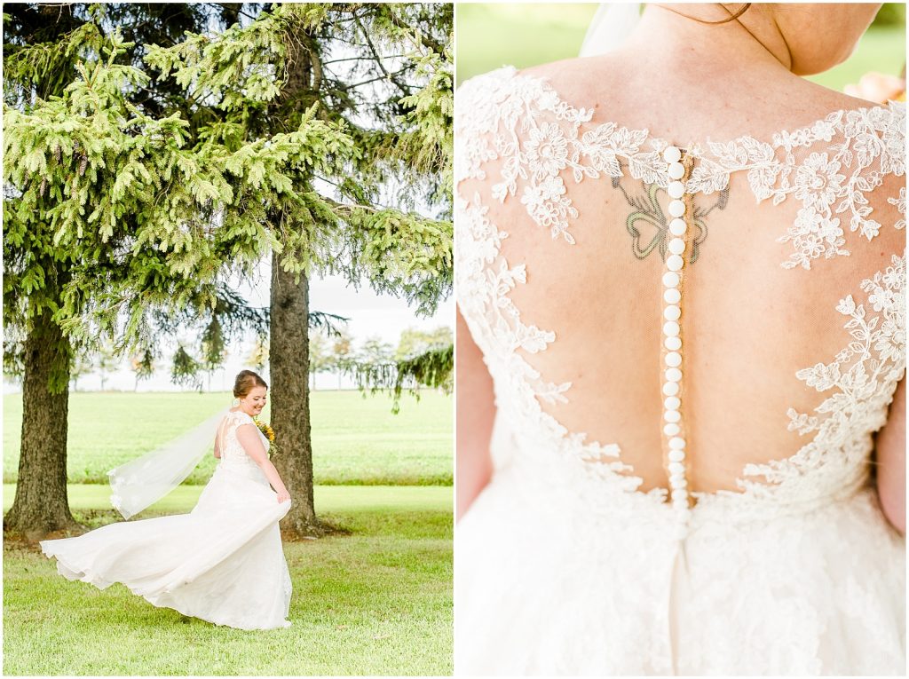 St. Mary's Countryside Wedding bride twirling and back of the dress detail shot