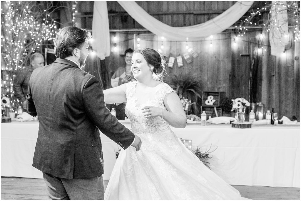 St. Mary's Countryside Wedding bride and groom first dance in a barn