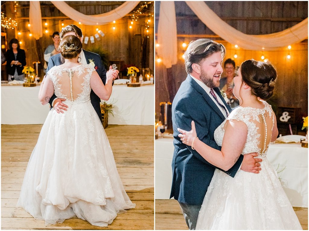 St. Mary's Countryside Wedding bride and groom first dance in a barn