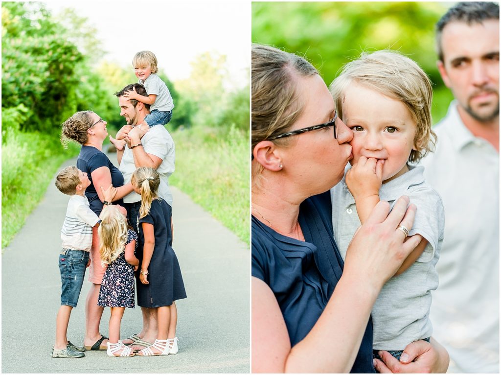 waterford ponds family session family hugging and mom kissing her son