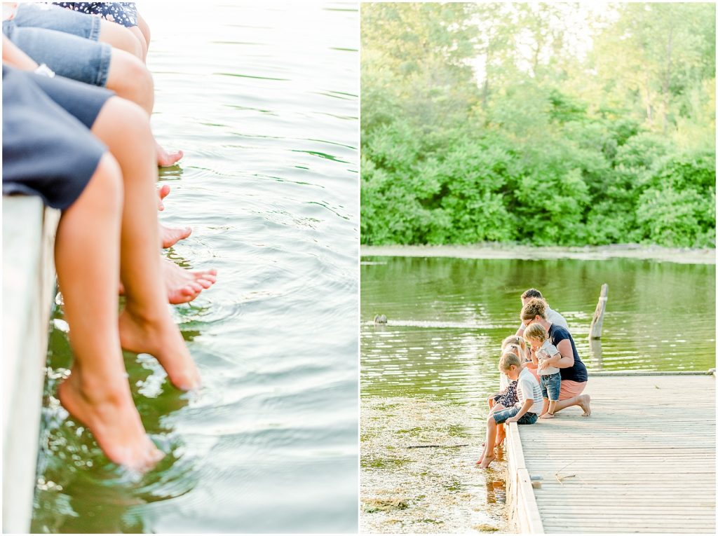 waterford ponds family session family on the dock and feet in the water