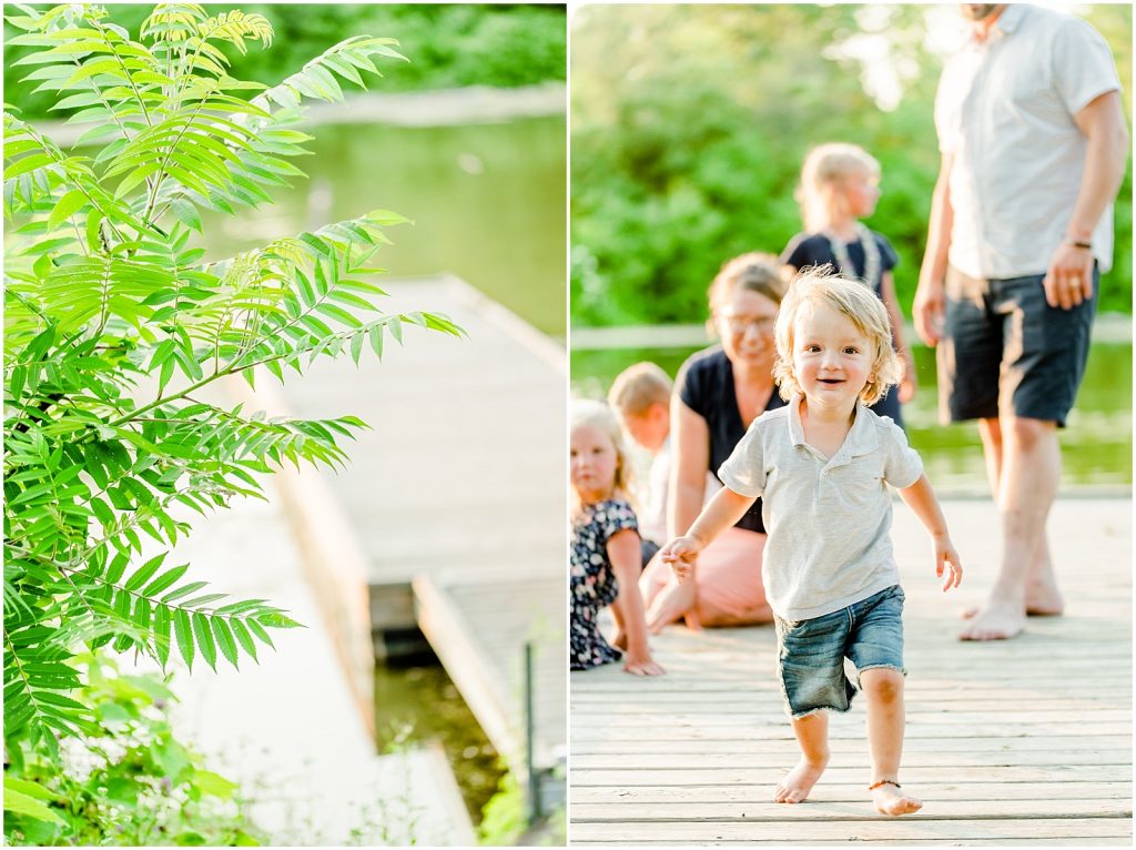 waterford ponds family session little boy running on dock