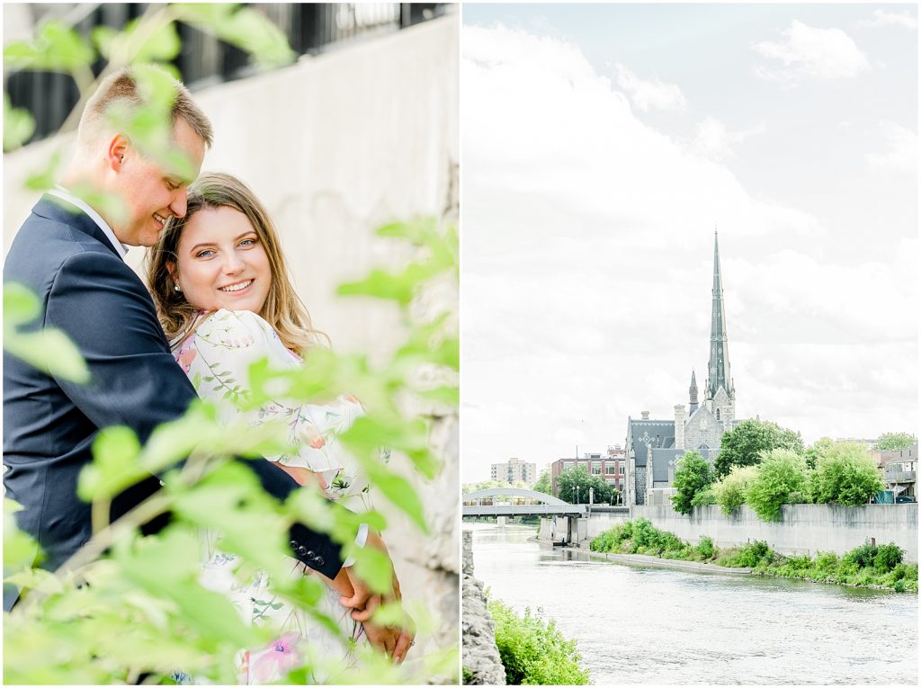 Cambridge Mill Race Park Engagement Session Toronto Wedding Photographer Couple Snuggling and Cambridge Church Scenery Photo