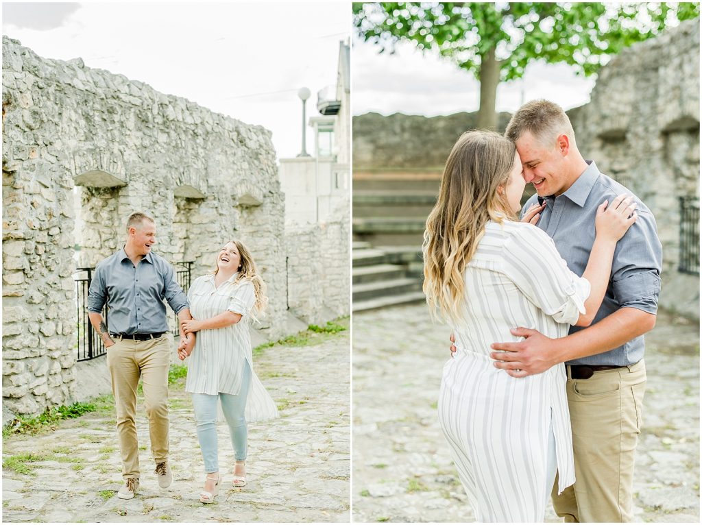 Cambridge Mill Race Park Engagement Session Toronto Wedding Photographer Couple Hugging and Laughing while Walking