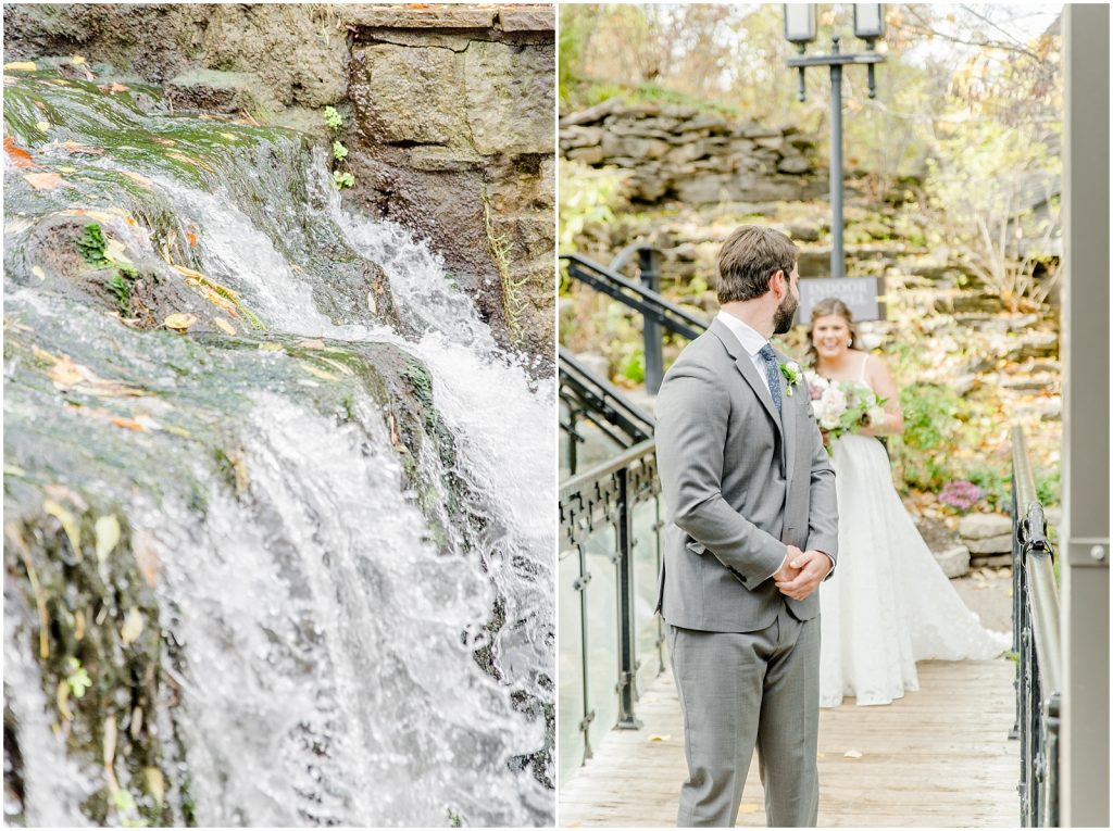 A Sunny Autumn Ancaster Mill Wedding Bride & Groom First Look