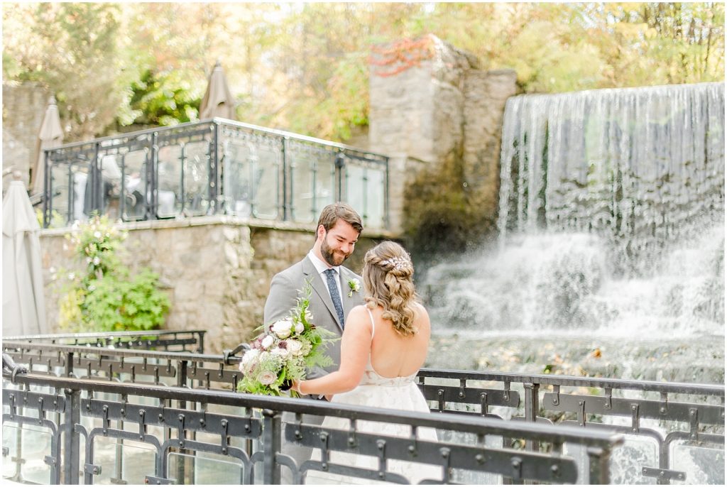 A Sunny Autumn Ancaster Mill Wedding Bride & Groom First Look