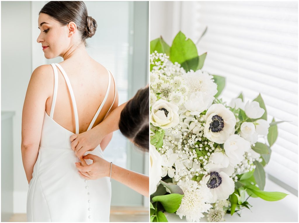 Burnaby Vancouver Wedding bridesmaid adjusting the back of the wedding dress and bouquet detail photos