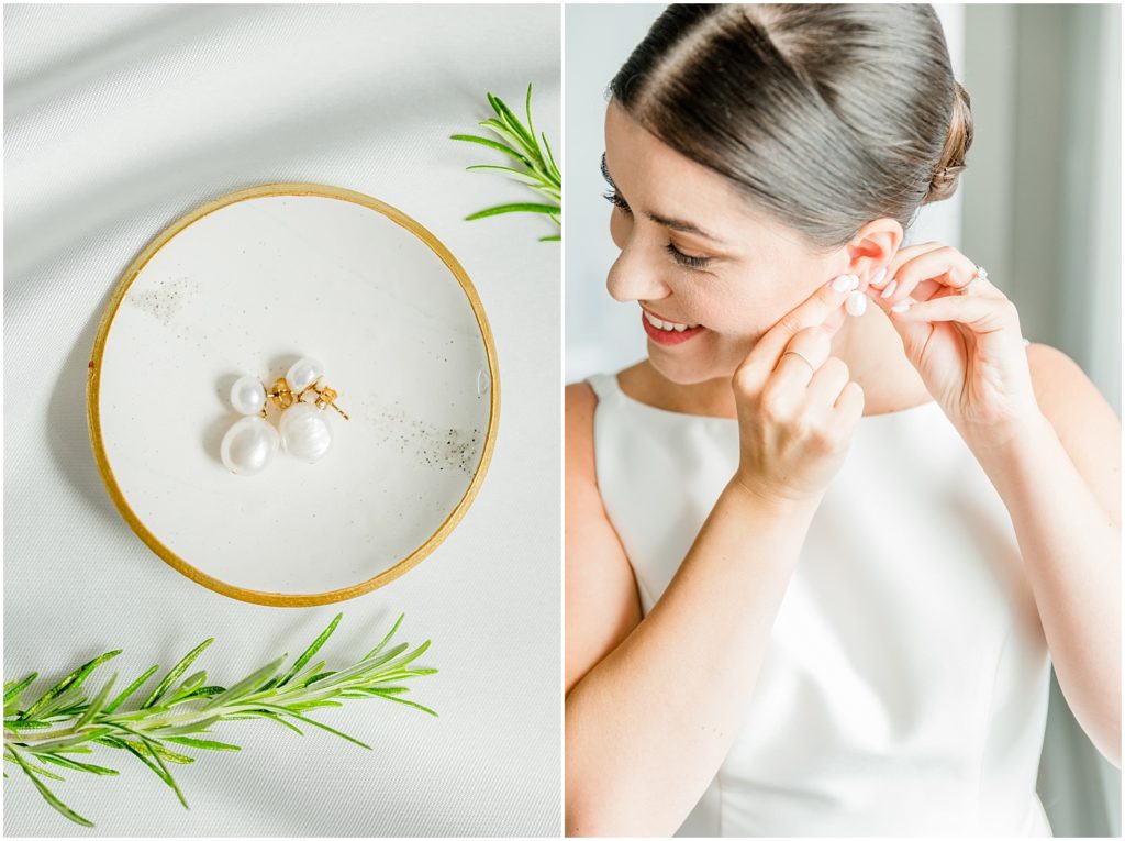 Burnaby Vancouver Wedding Bride putting in her earrings and earring details photo