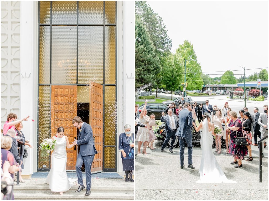 Burnaby Vancouver Wedding Couple Exits the church amid rice throwing