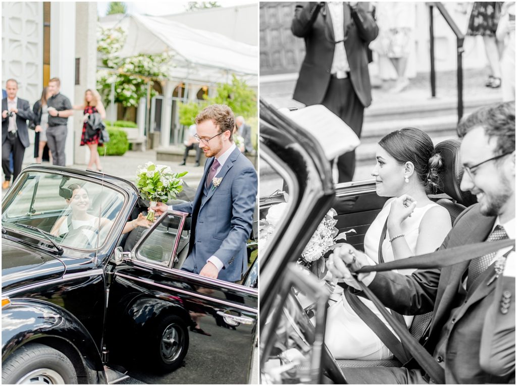 Burnaby Vancouver Wedding Couple prepares to depart in VW Beetle