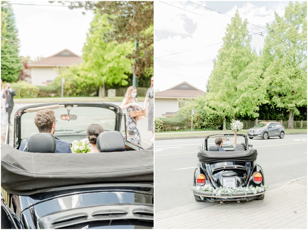 Burnaby Vancouver Wedding Couple departs from church in VW Beetle