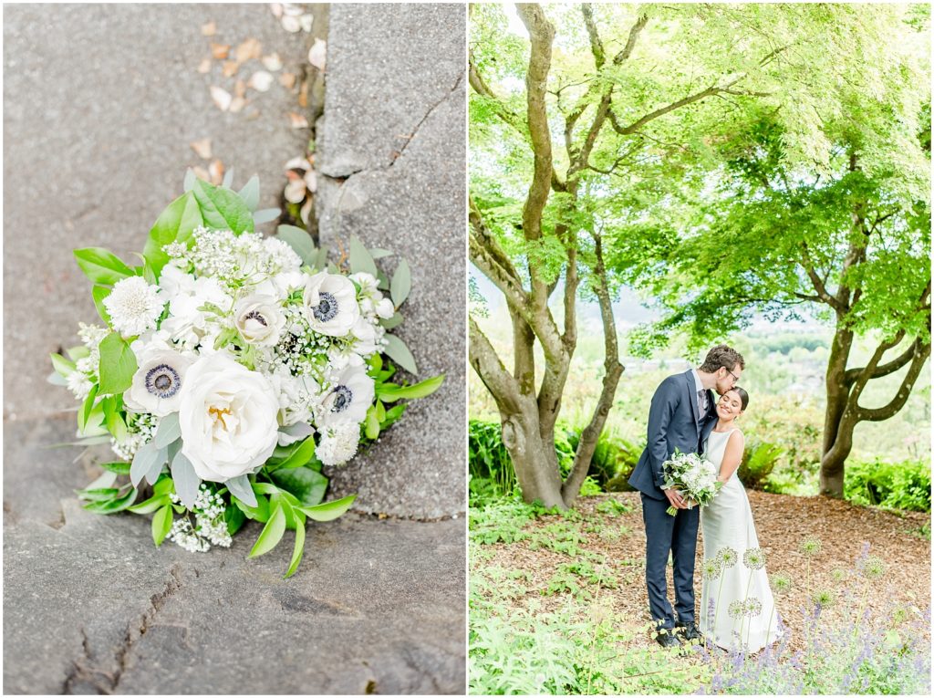 Burnaby Vancouver Wedding Bride and Groom hugging in Queen Elizabeth Park and bouquet detail photo