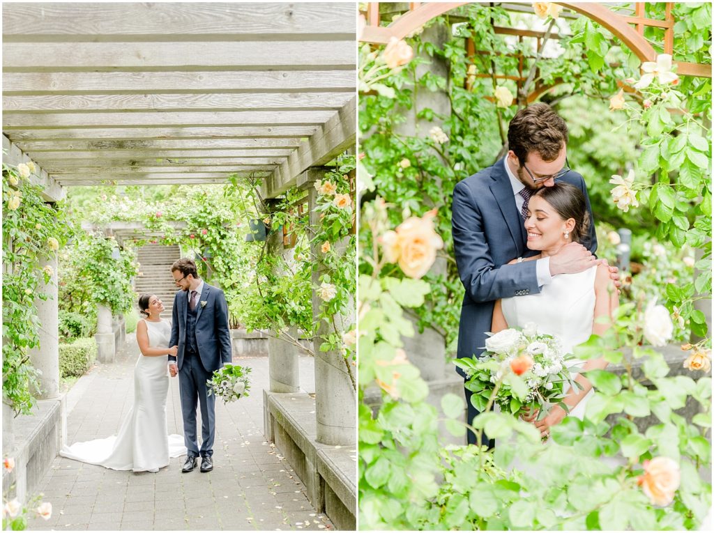 Burnaby Vancouver Wedding Bride and Groom in the walkway at the UBC Rose Garden