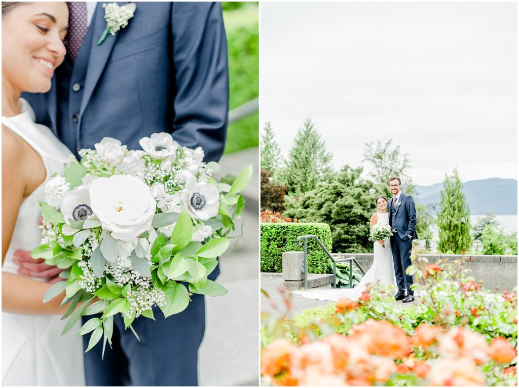 Burnaby Vancouver Wedding Bride and Groom standing in the UBC Rose Garden, wedding bouquet closeup