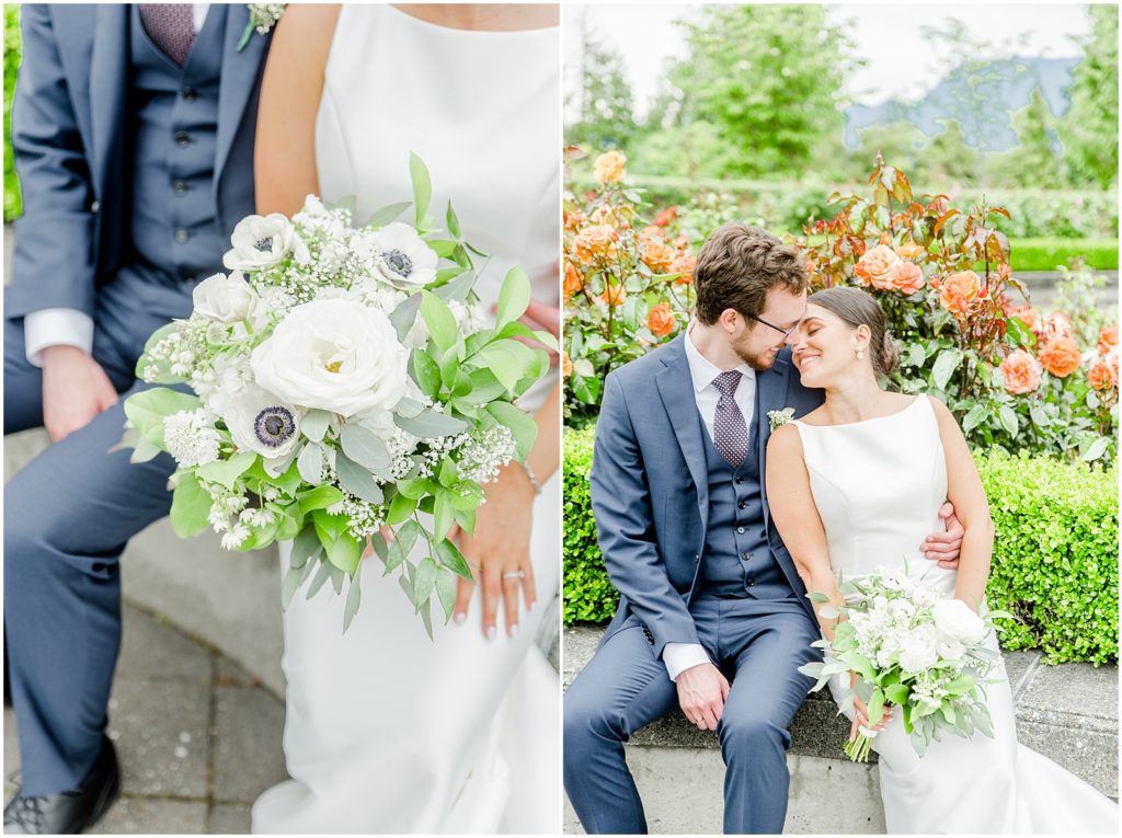 Burnaby Vancouver Wedding Bride and Groom snuggling in the UBC Rose Garden