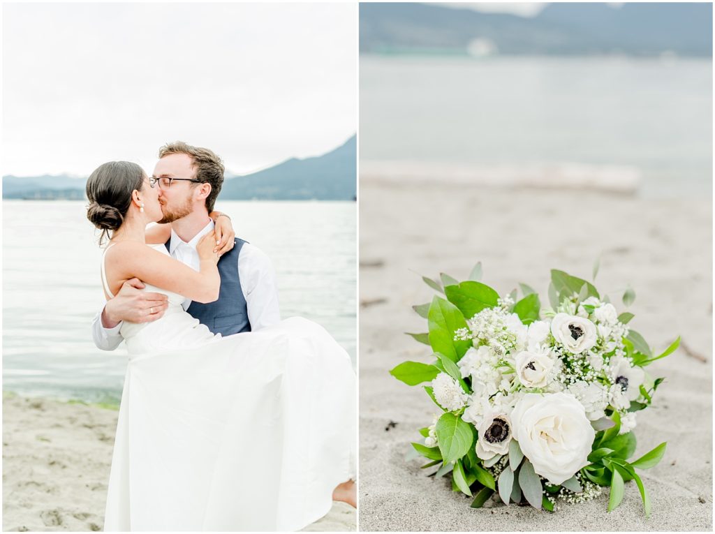 Burnaby Vancouver Wedding Groom twirling Bride at Spanish Banks, Bouquet photo in the sand