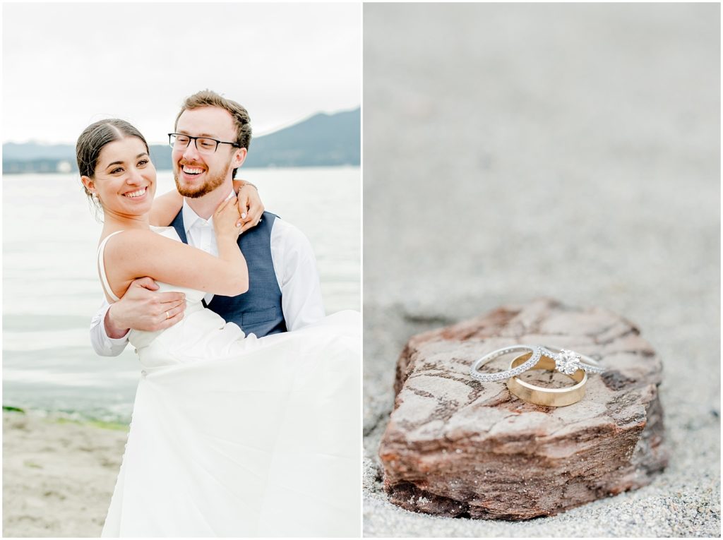 Burnaby Vancouver Wedding Groom spinning Bride at Spanish Banks, Ring detail photo