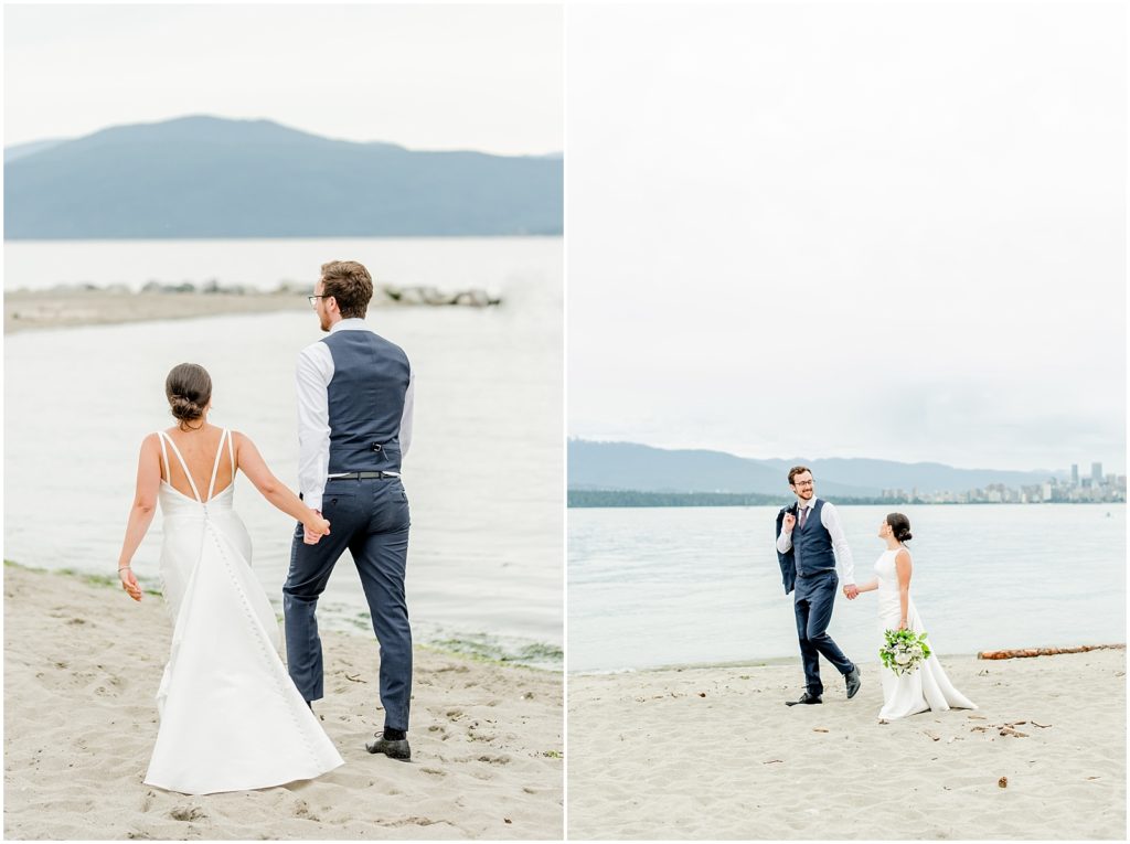 Burnaby Vancouver Wedding Bride and Groom walking at Spanish Banks